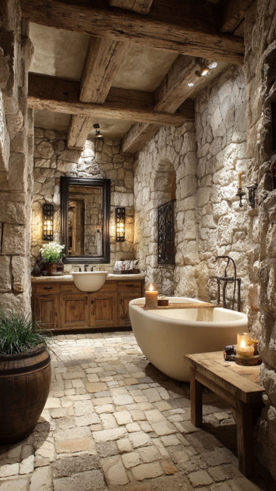 9. Stone French Country Bathroom with Timeless Luxury