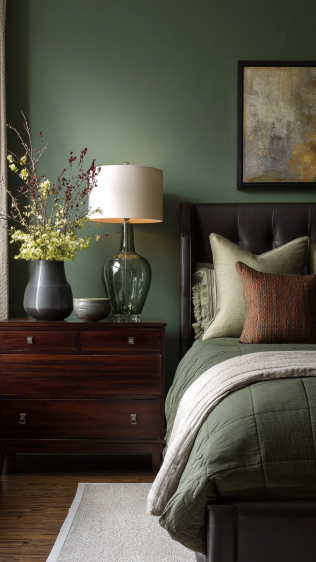 1. Green Moody Bedroom with Earthy Elegance
