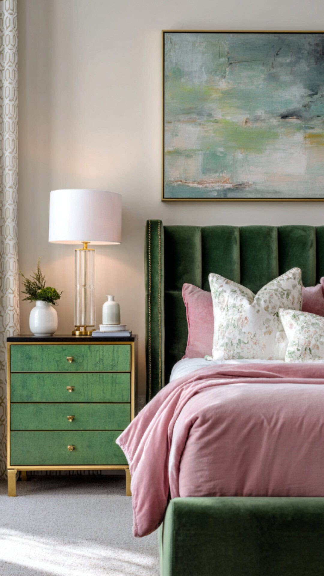 1. Green and Pink Bedroom with Fresh Energy