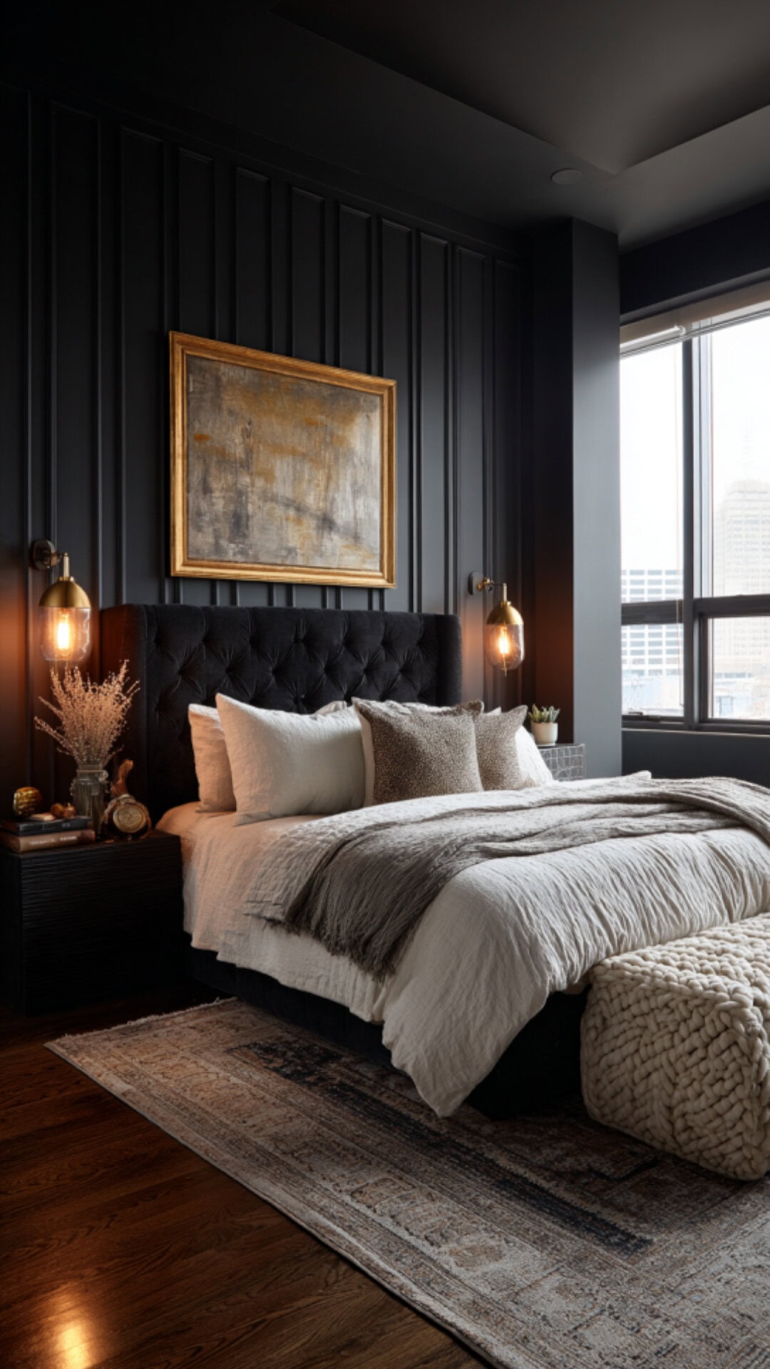 1. Black Bedroom Accent Wall with Striking Depth