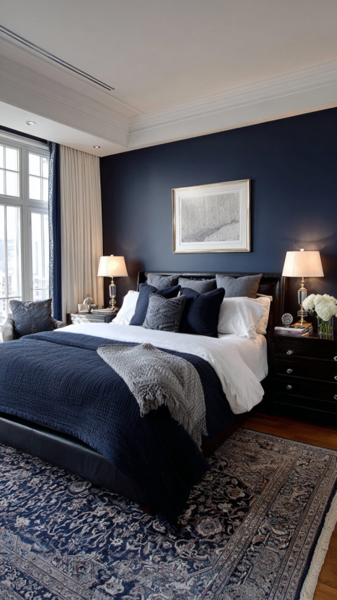 1. Navy Blue Bedroom with Classic Sophistication