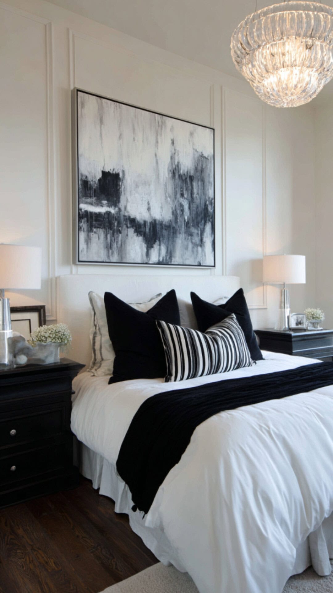 1. White and Black Bedroom with Striking Contrast