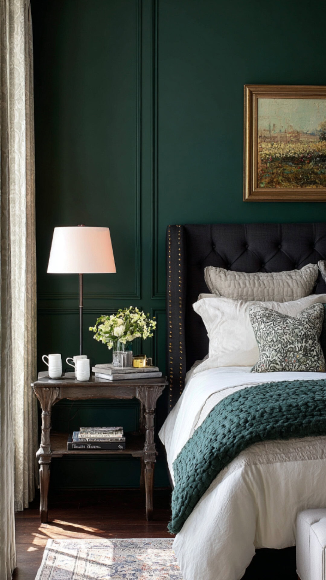1. Dark Green Bedroom with Natural Sophistication