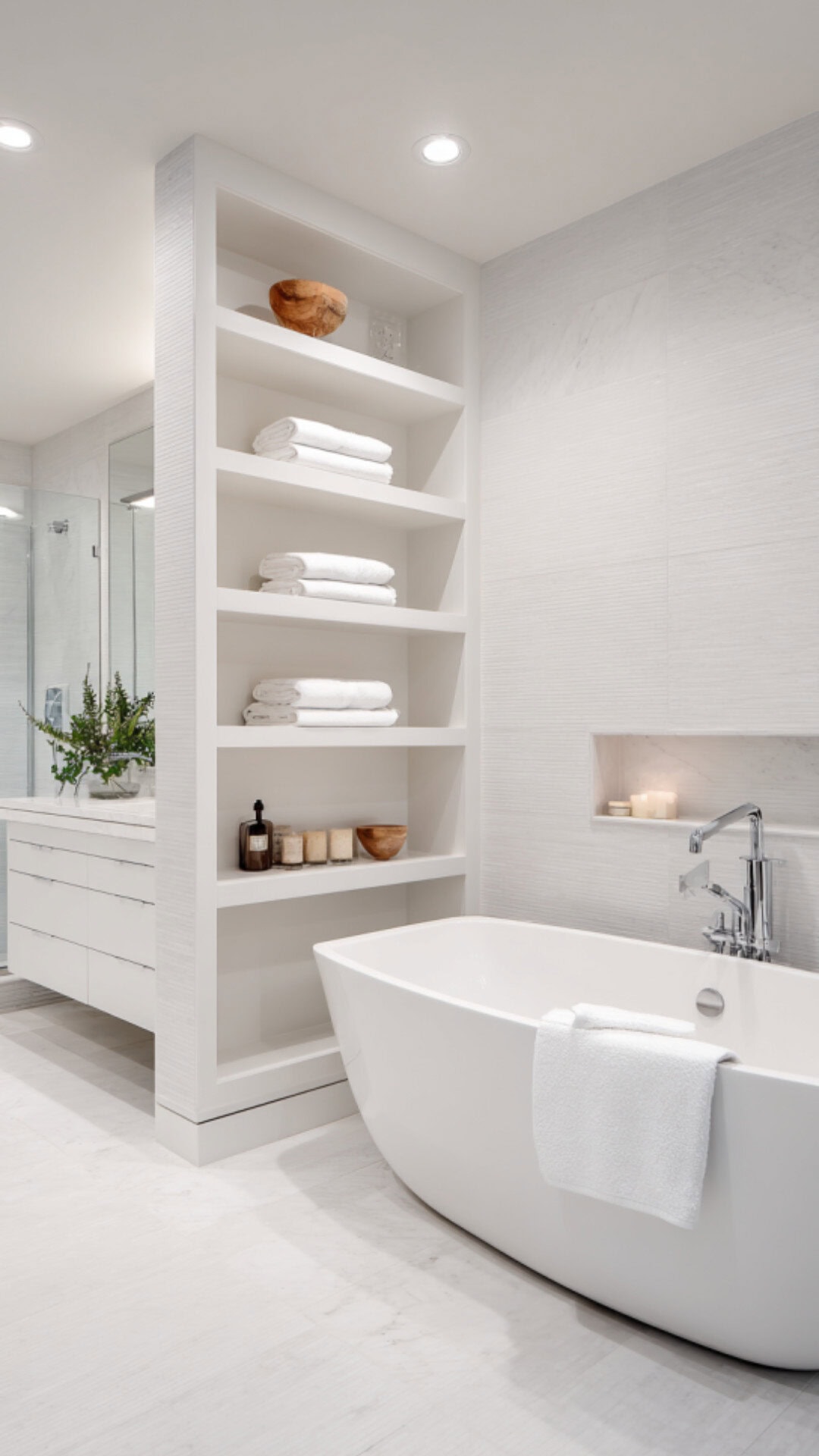 1. White Floating Shelves in a Clean Bathroom