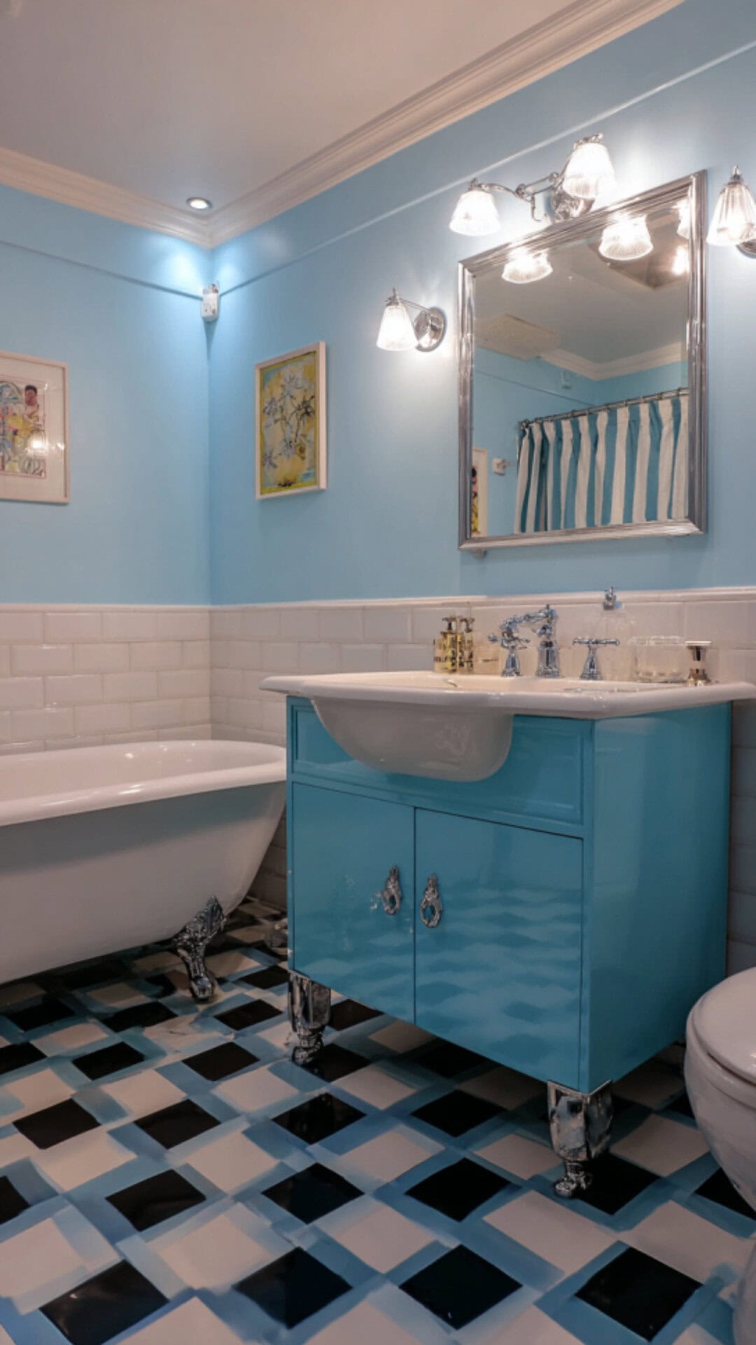 1. Blue Retro Bathroom with Playful Vibes