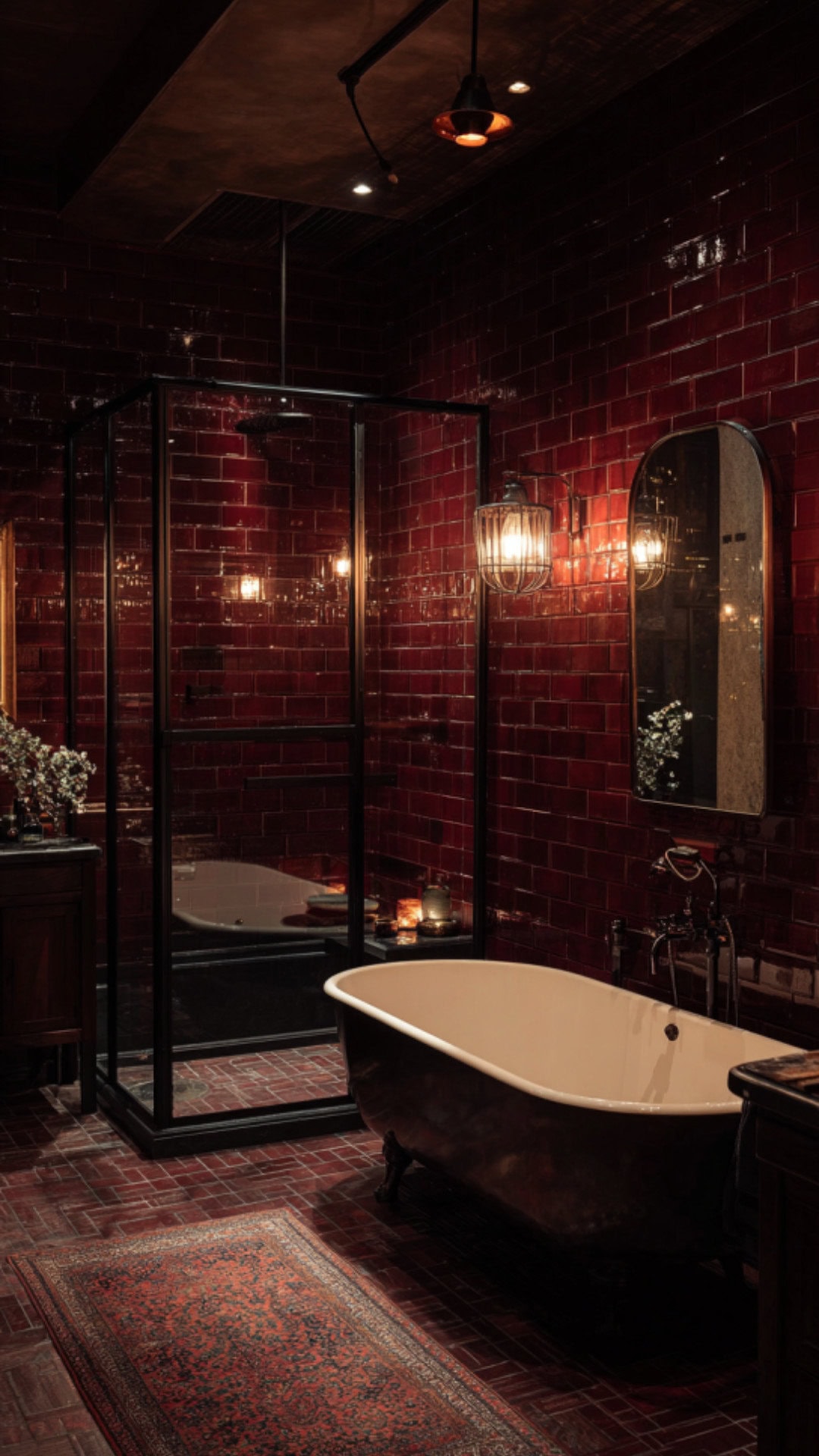 1. Dark Burgundy Bathroom with Dramatic Depth