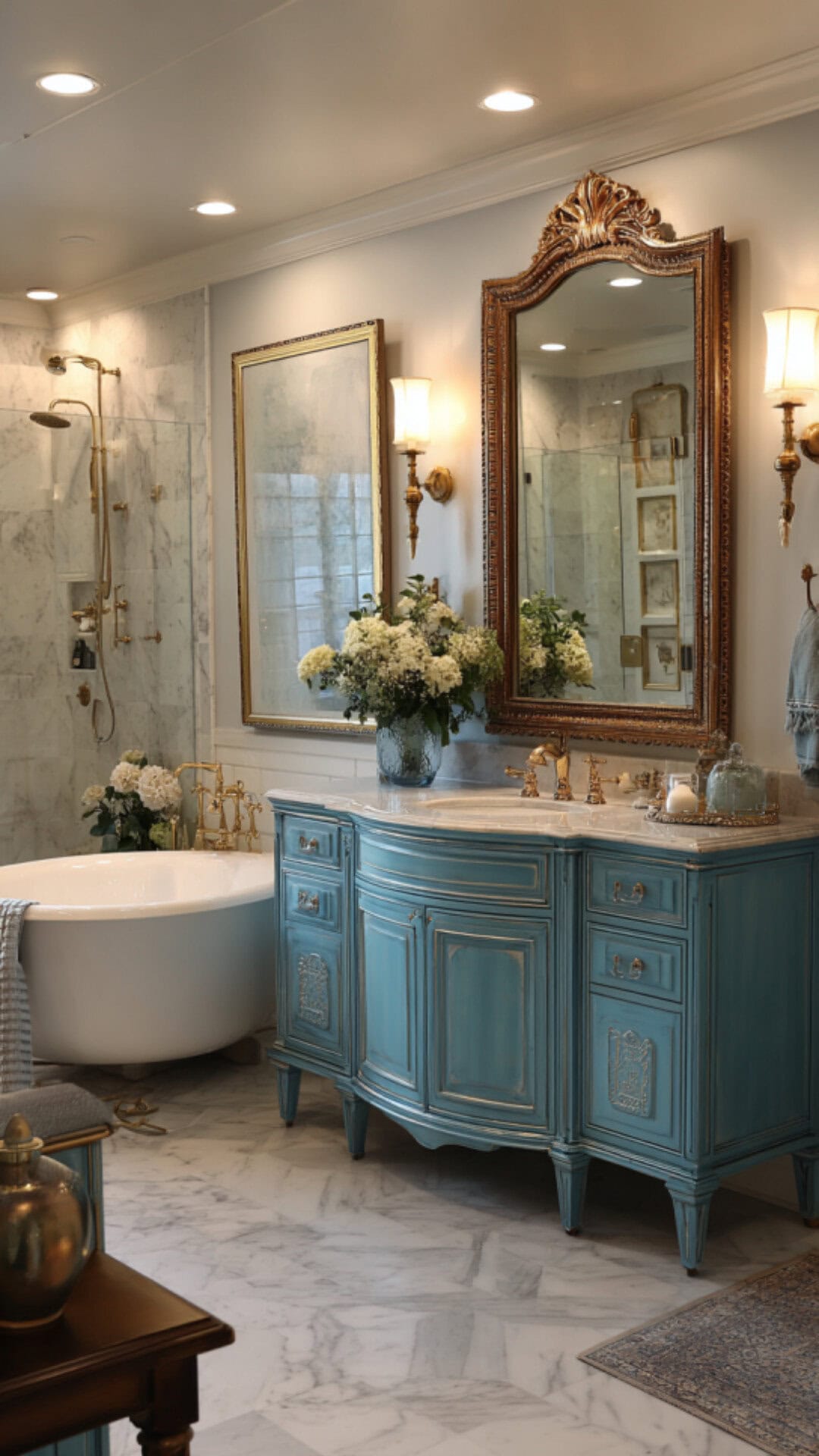 1. Blue French Bathroom with Classic Elegance