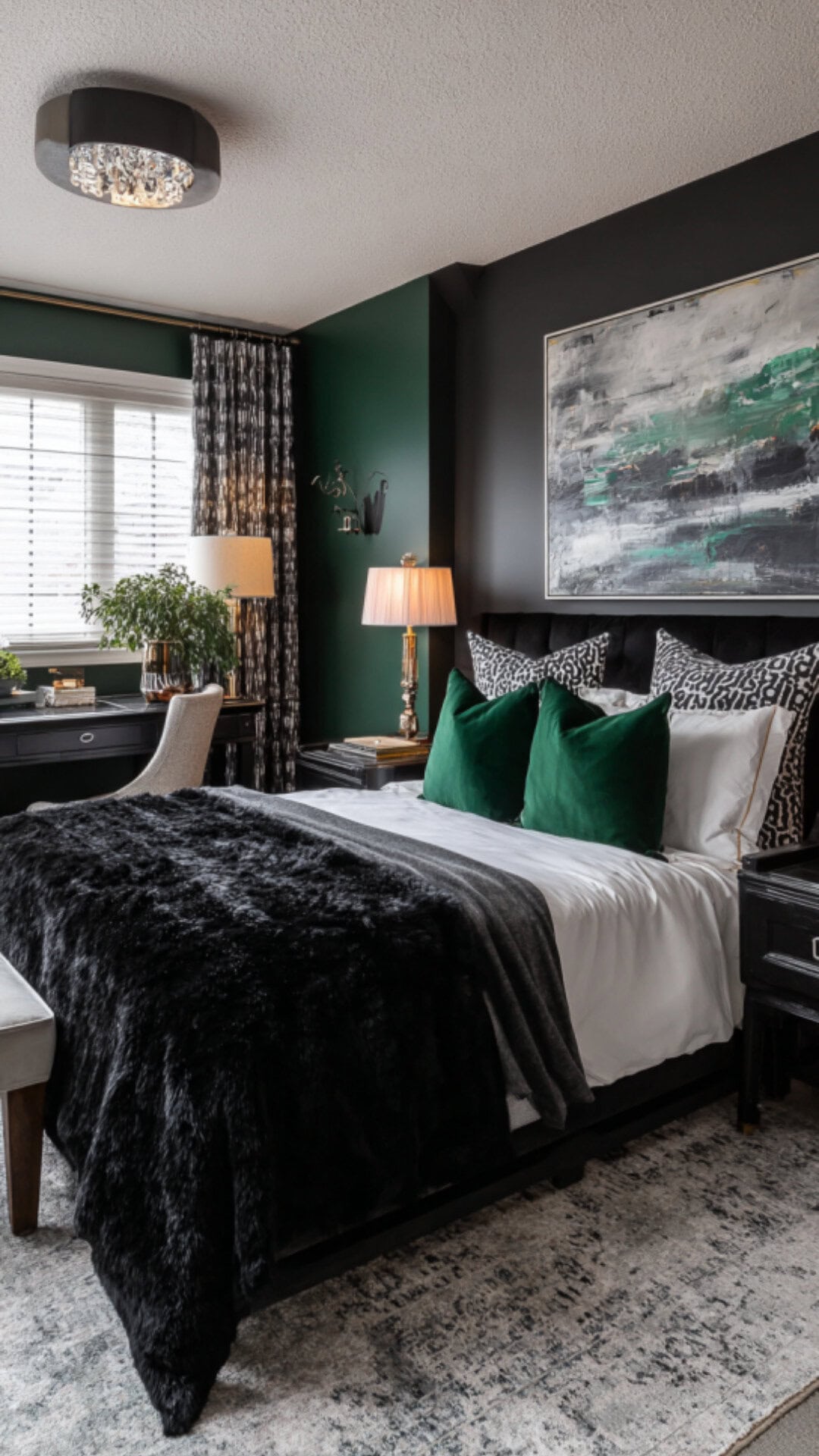 10. Black and Green Bedroom with Striking Contrast