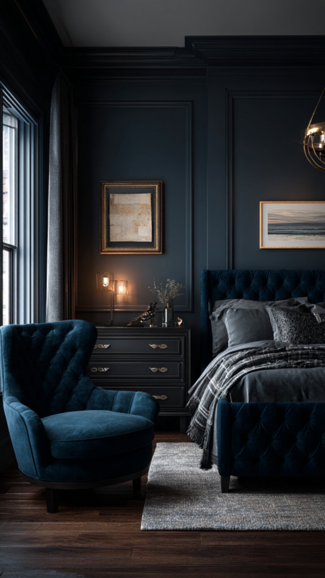 10. Dark Blue Luxury Master Bedroom with Moody Refinement