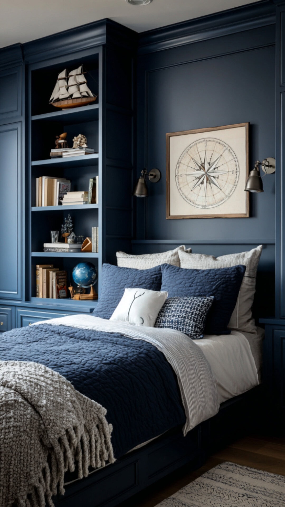10. Navy Blue Boys Bedroom with Timeless Appeal