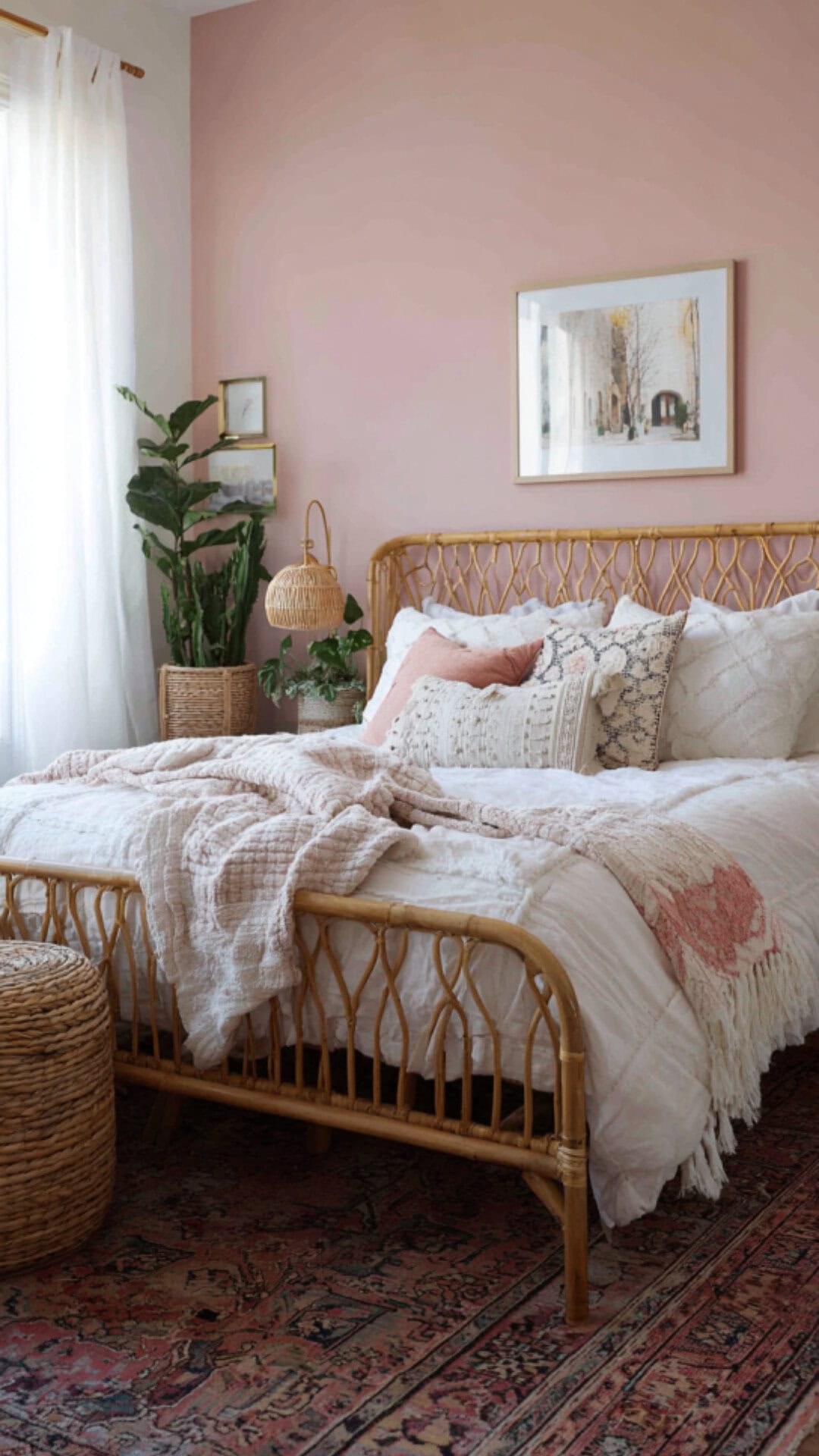 10. Boho Pink Bedroom with Eclectic Charm