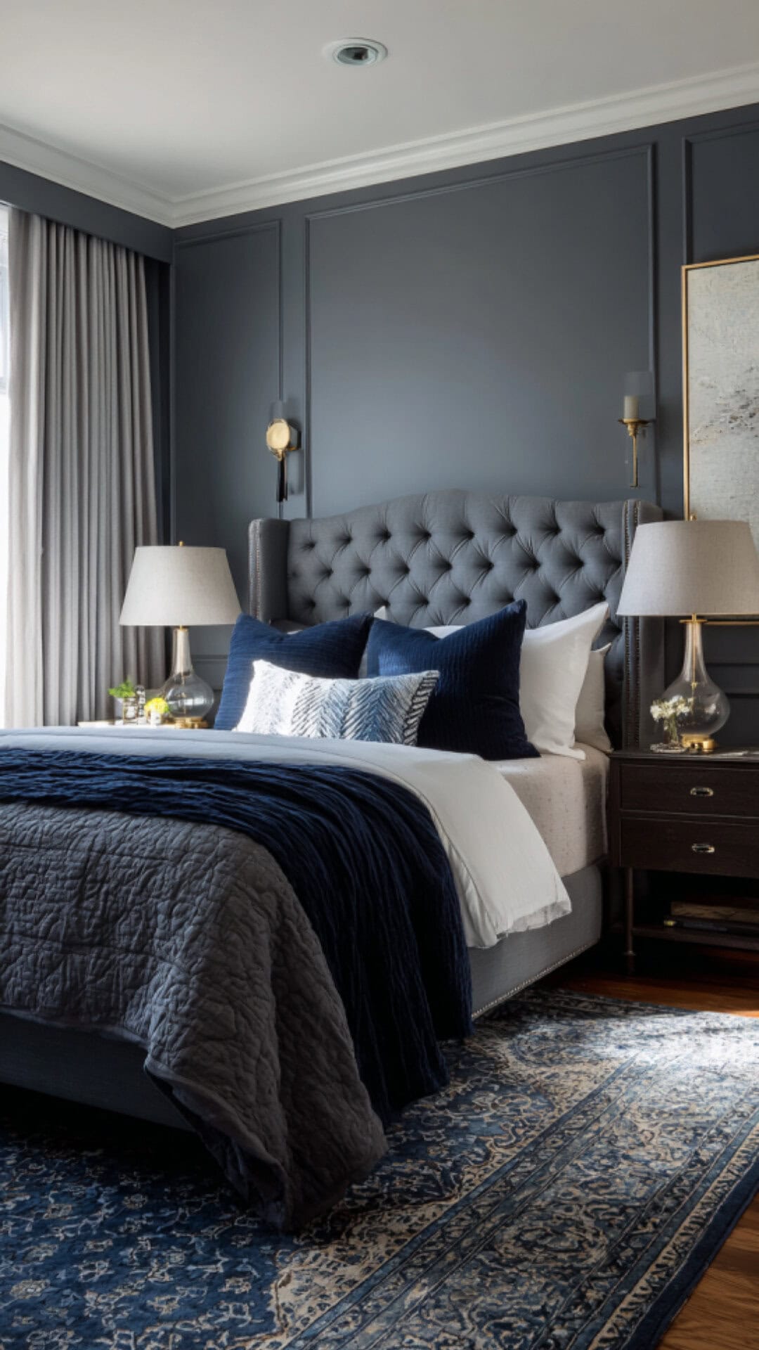 10. Grey and Navy Bedroom with Classic Depth