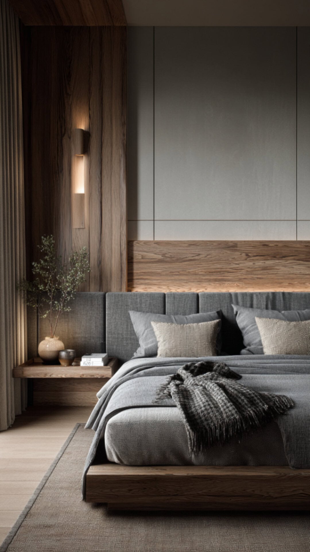10. Grey Japandi Bedroom with Subtle Balance