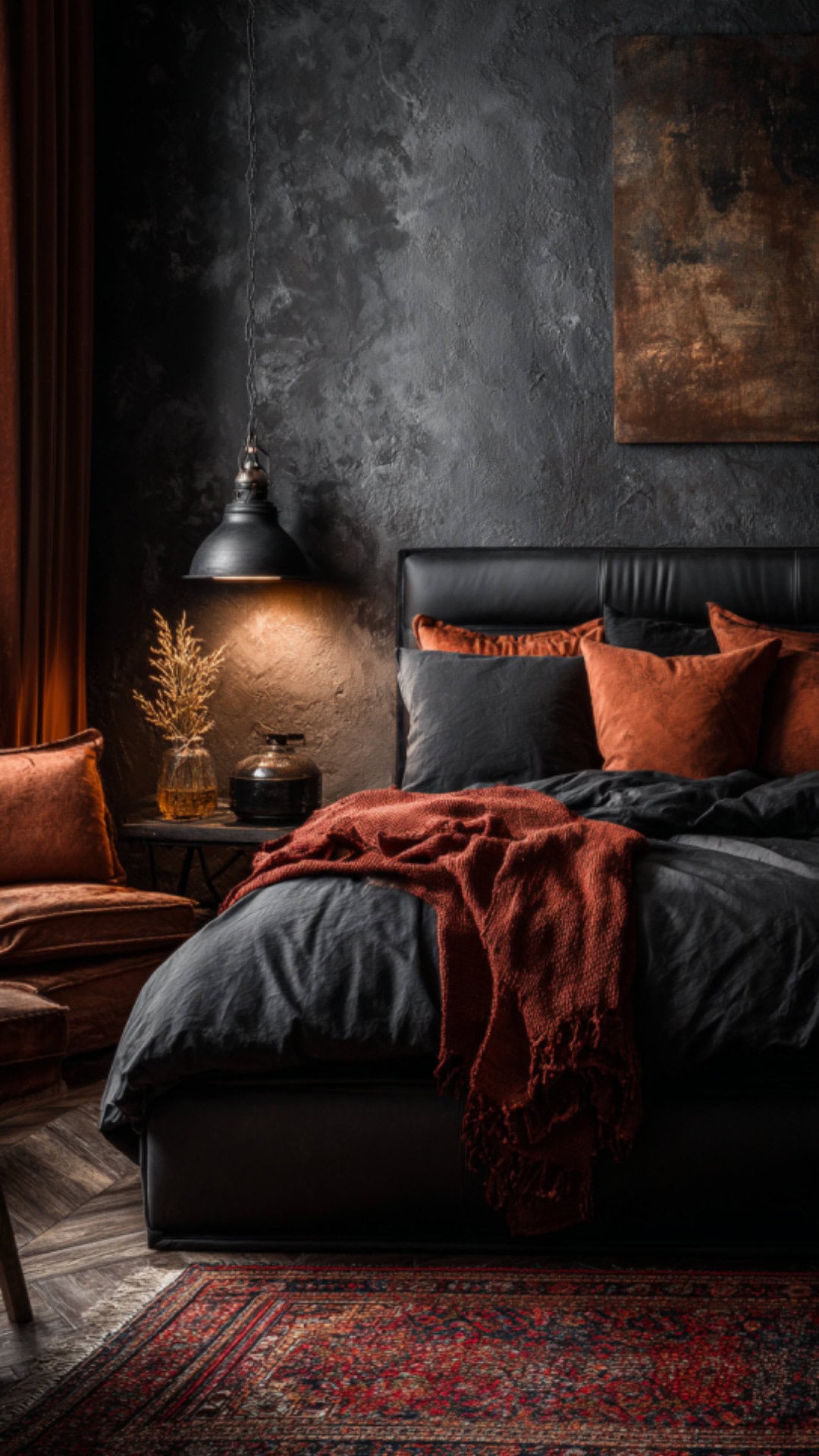 10. Black and Rust Bedroom with Earthy Boldness