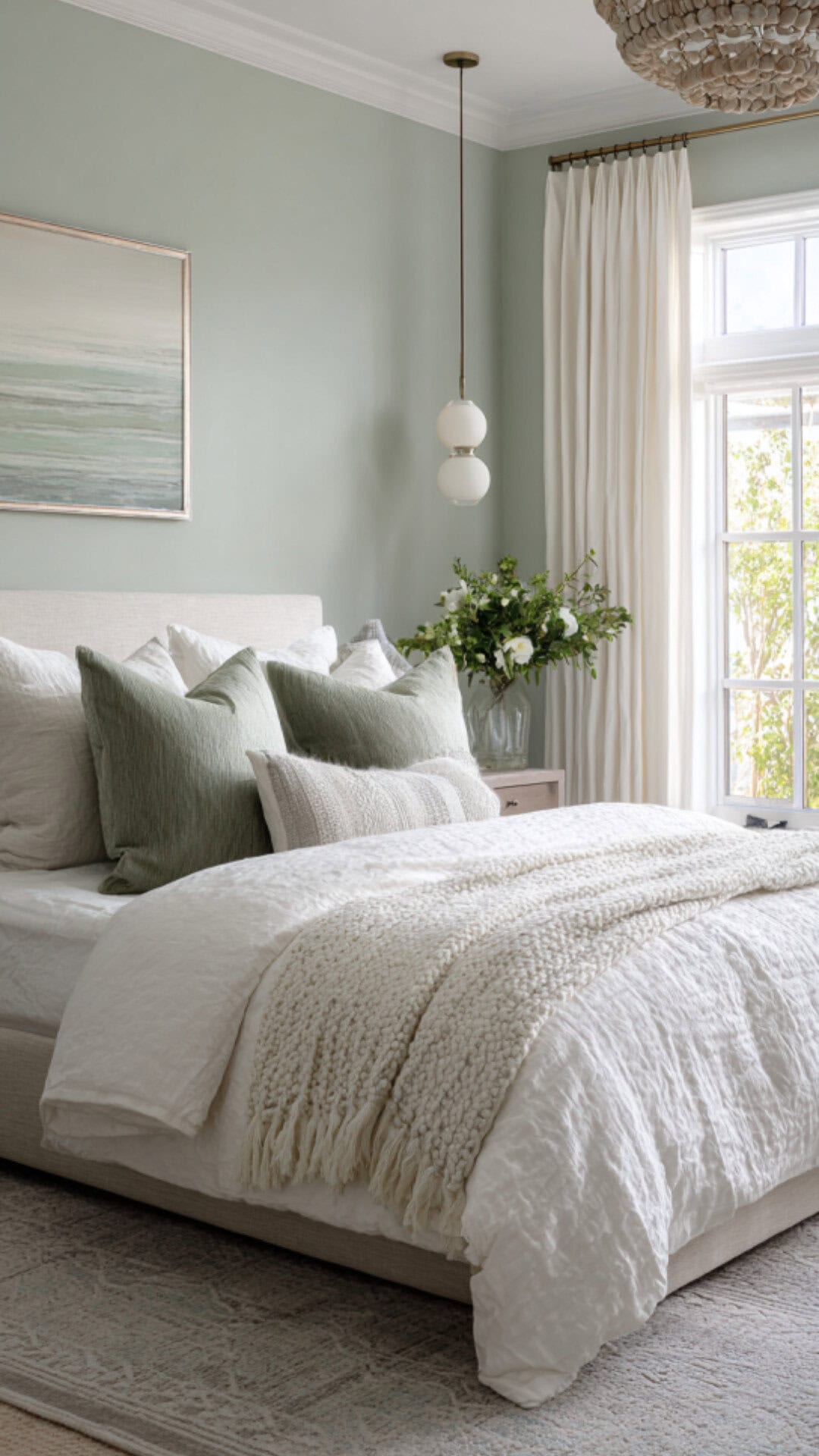10. White and Sage Green Bedroom with Gentle Calm