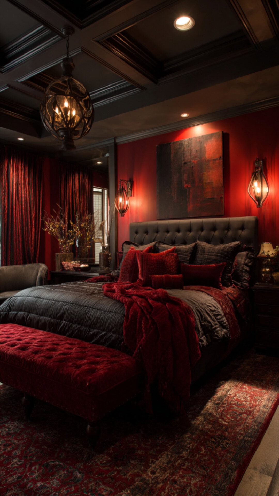 Red brings vibrancy and passion into a dark bedroom. Combined with deep tones, it creates a dramatic and energizing retreat.