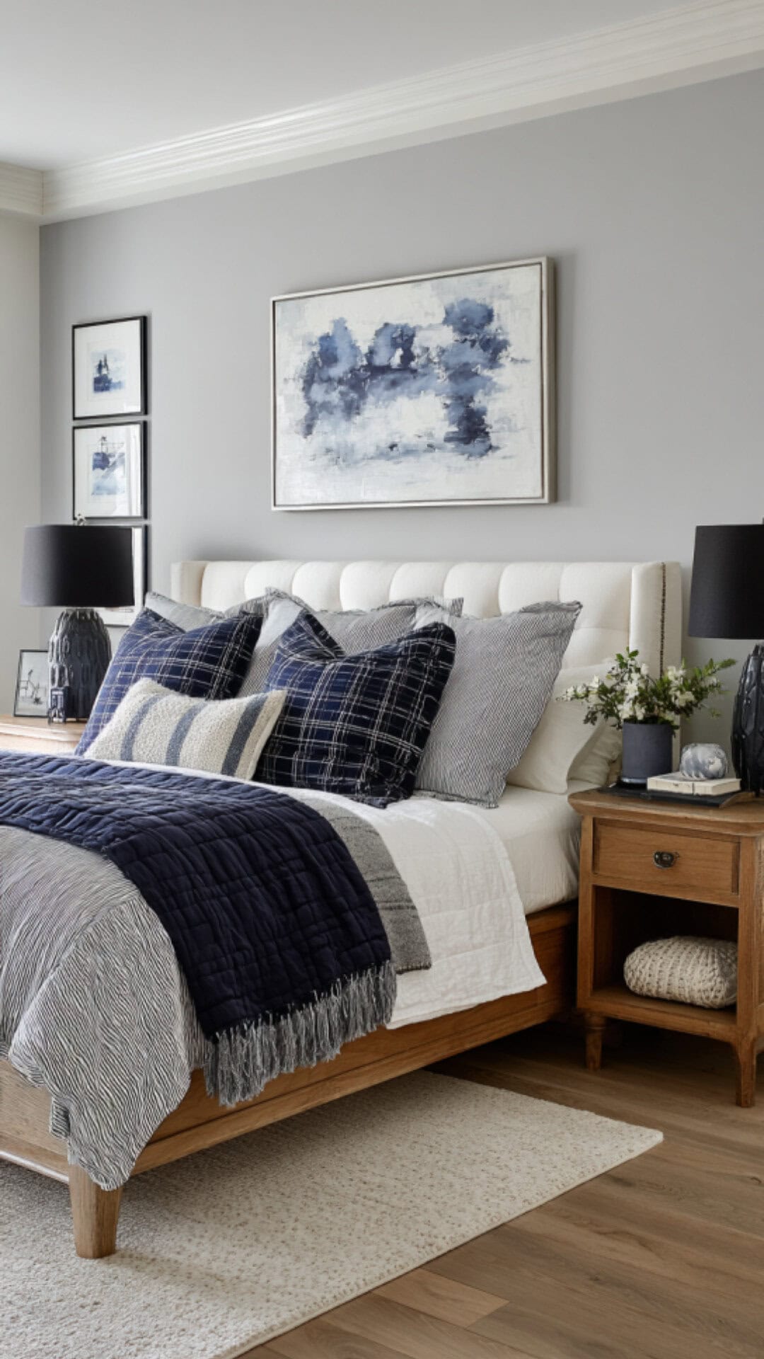 10. Grey and White Bedroom with Navy Blue Depth