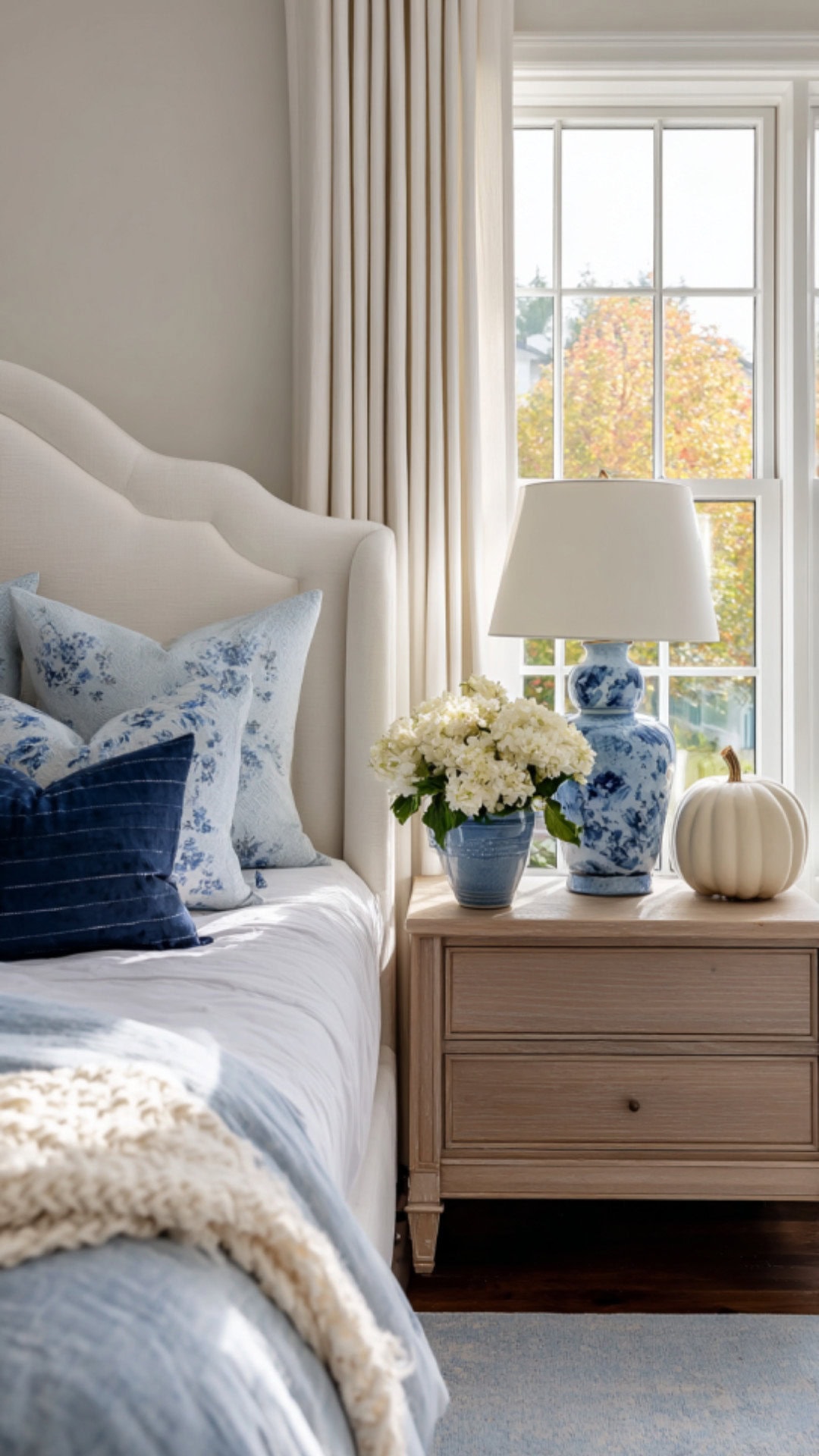 10. Blue and White Fall Decor with Crisp Charm