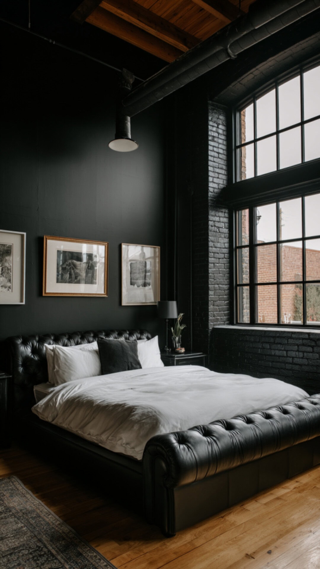 10. Black Loft Bedroom with Bold Style