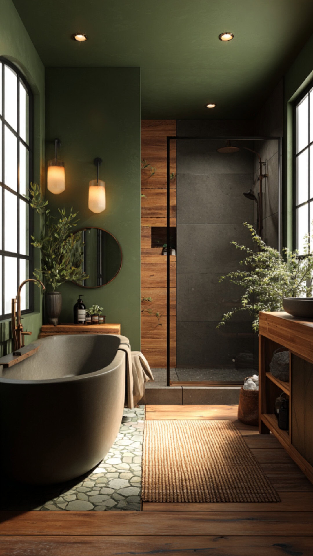 10. Green and Wood Bathroom with Earthy Character