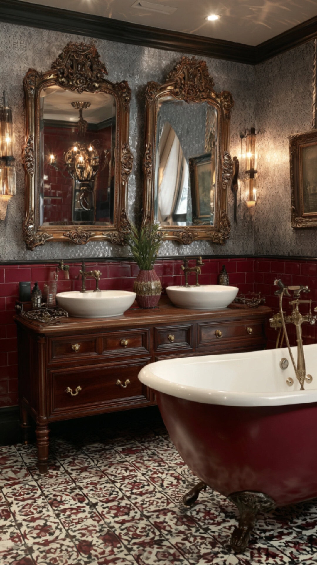 10. Vintage Burgundy Bathroom with Classic Charm