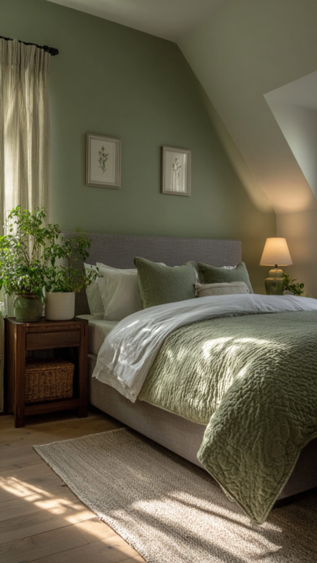 11. Green Bedroom for Couples with Natural Balance