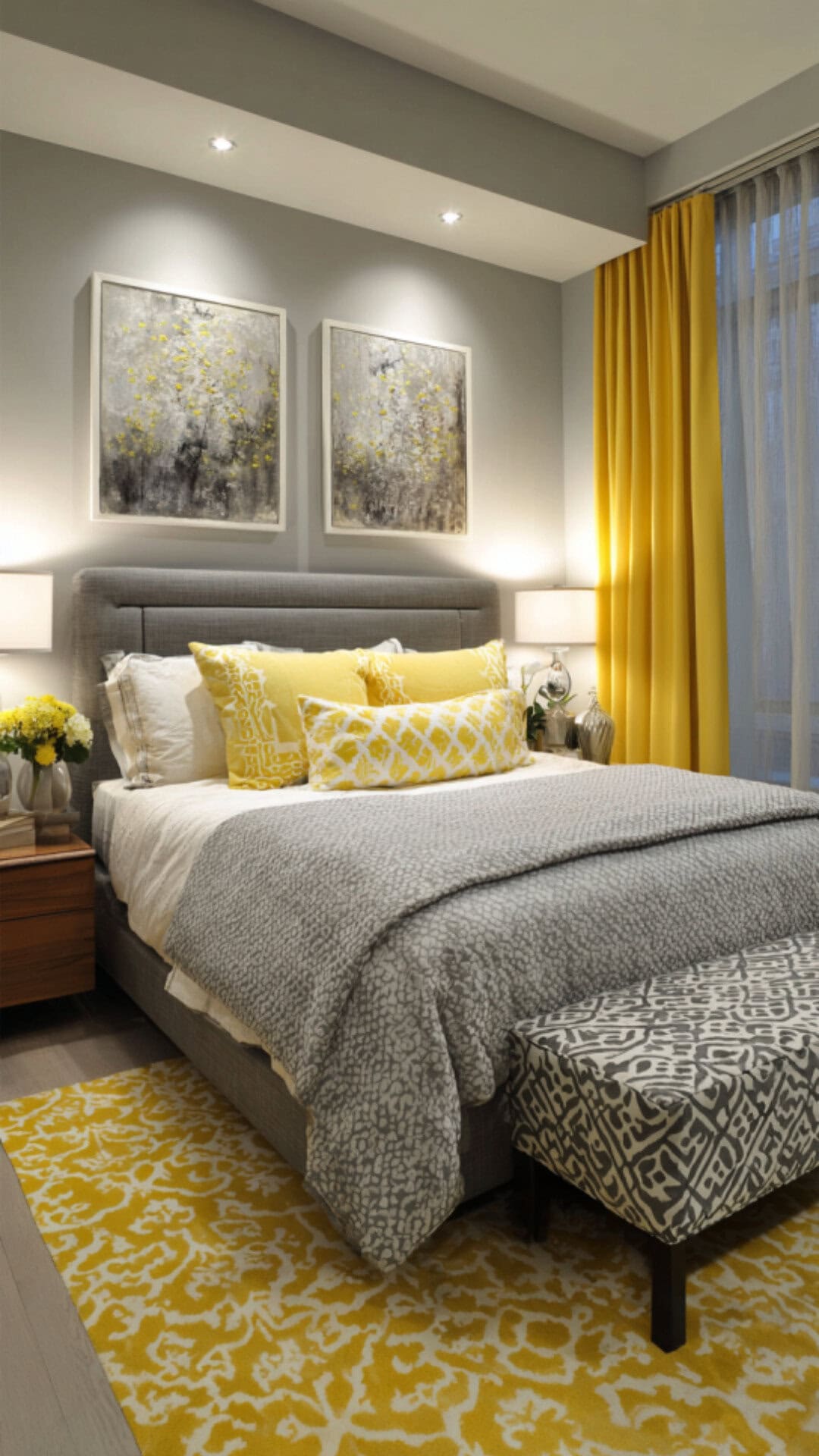 11. Grey and Yellow Bedroom with Cheerful Contrast