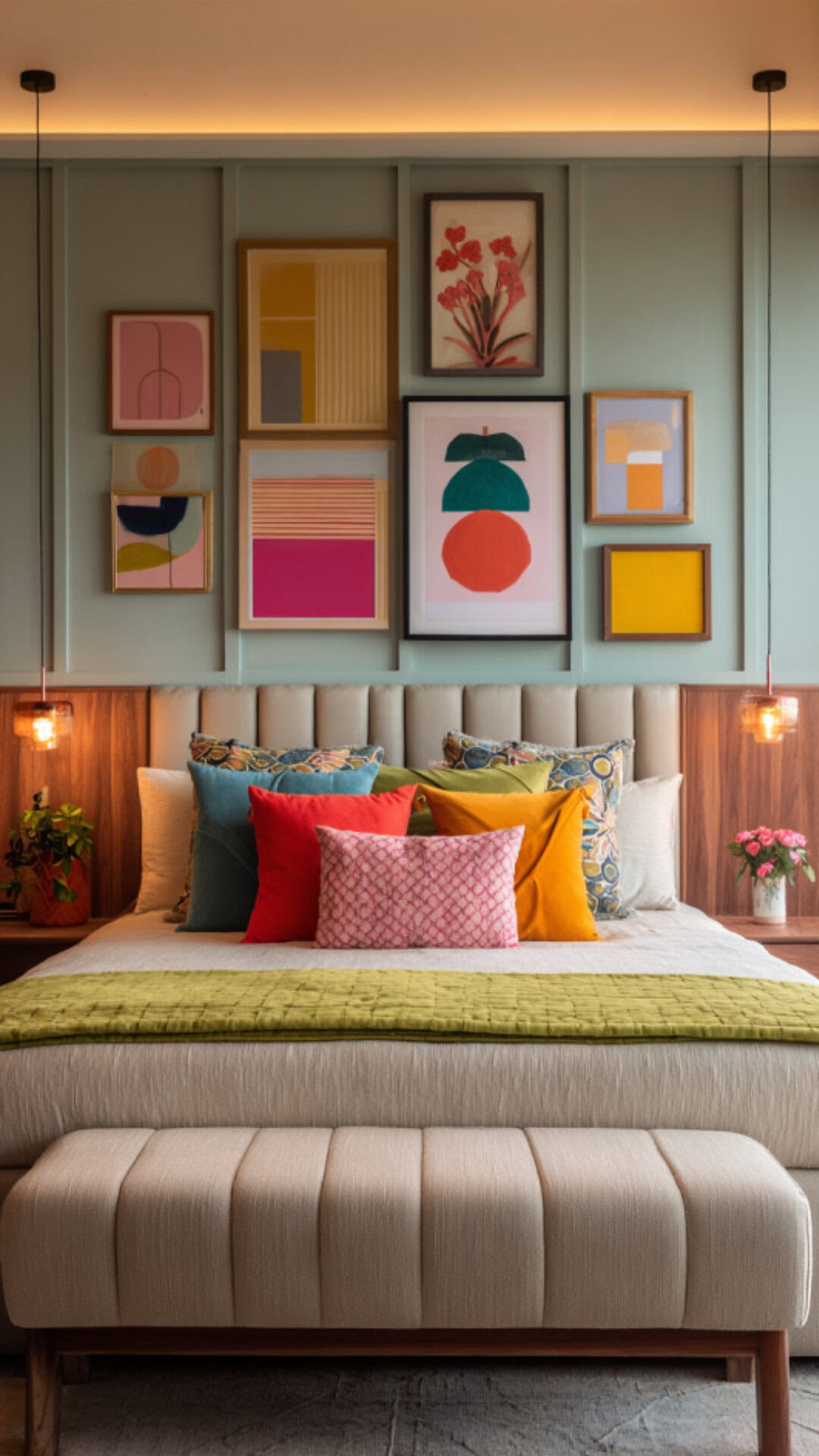 11. Colorful Japandi Bedroom with Playful Energy