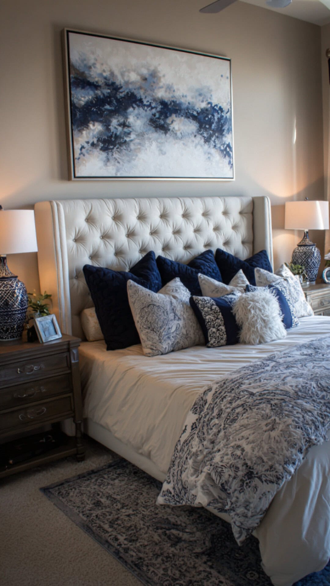 11. Beige and Navy Blue Bedroom with Sophisticated Depth