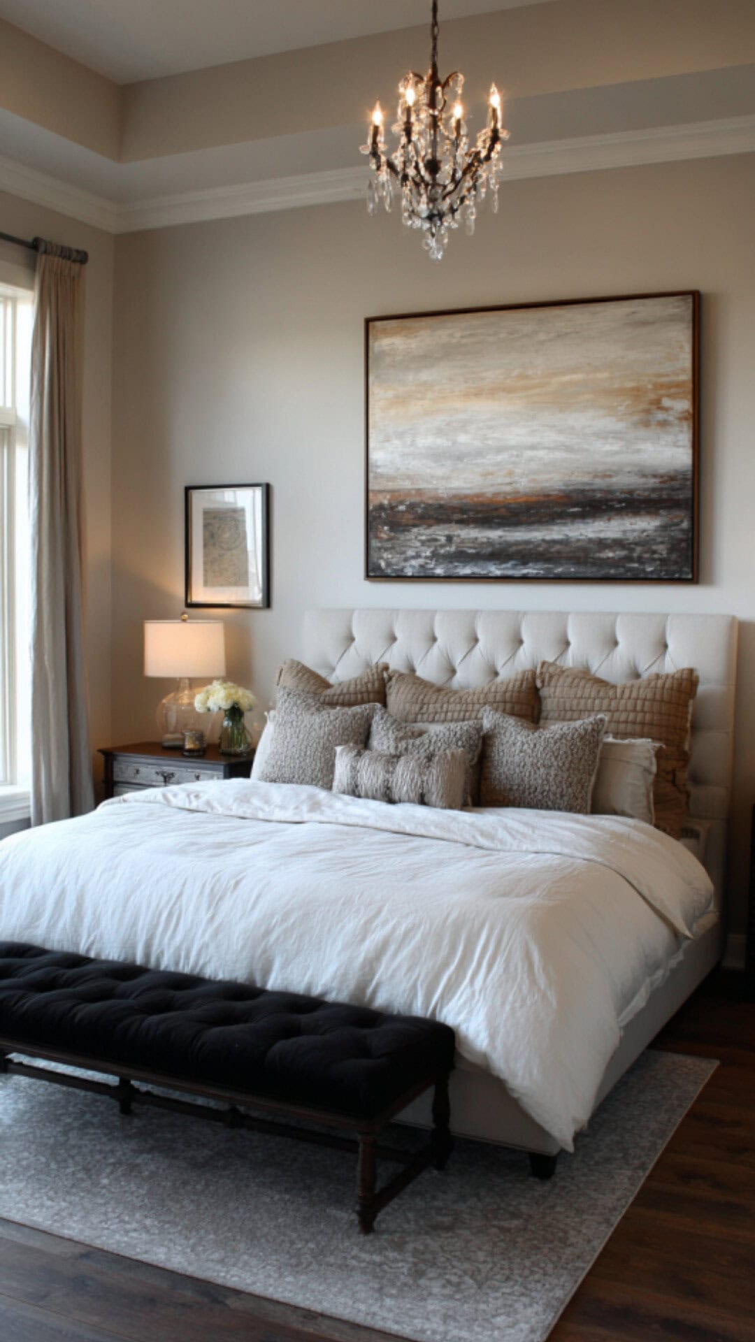 11. Black and White Bedroom with Tan Accents
