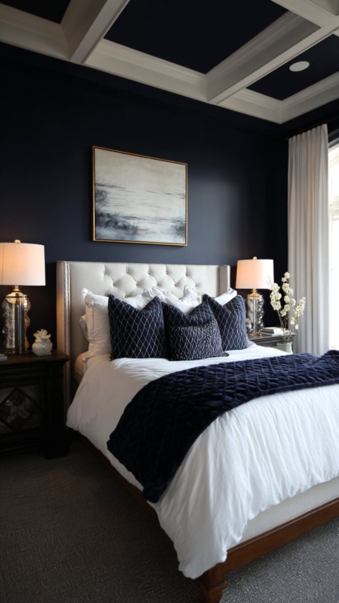 11. White and Navy Blue Bedroom with Sophisticated Depth