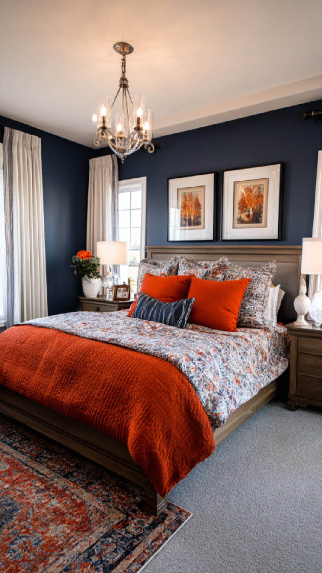 11. Navy Blue and Burnt Orange Bedroom with Bold Balance