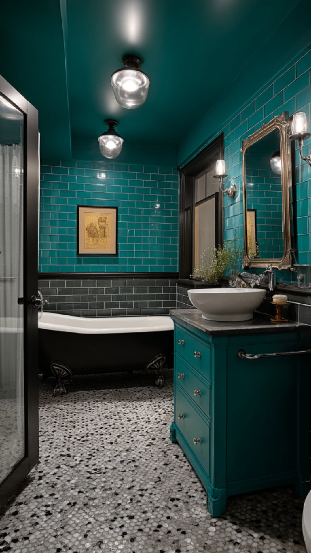 11. Teal Retro Bathroom with Bold Sophistication