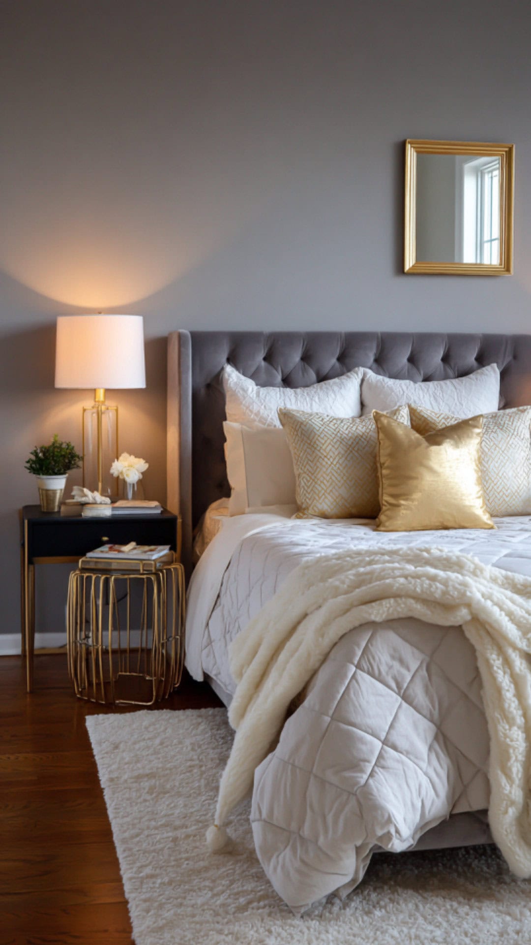 11. Grey and White Bedroom with Gold Highlights