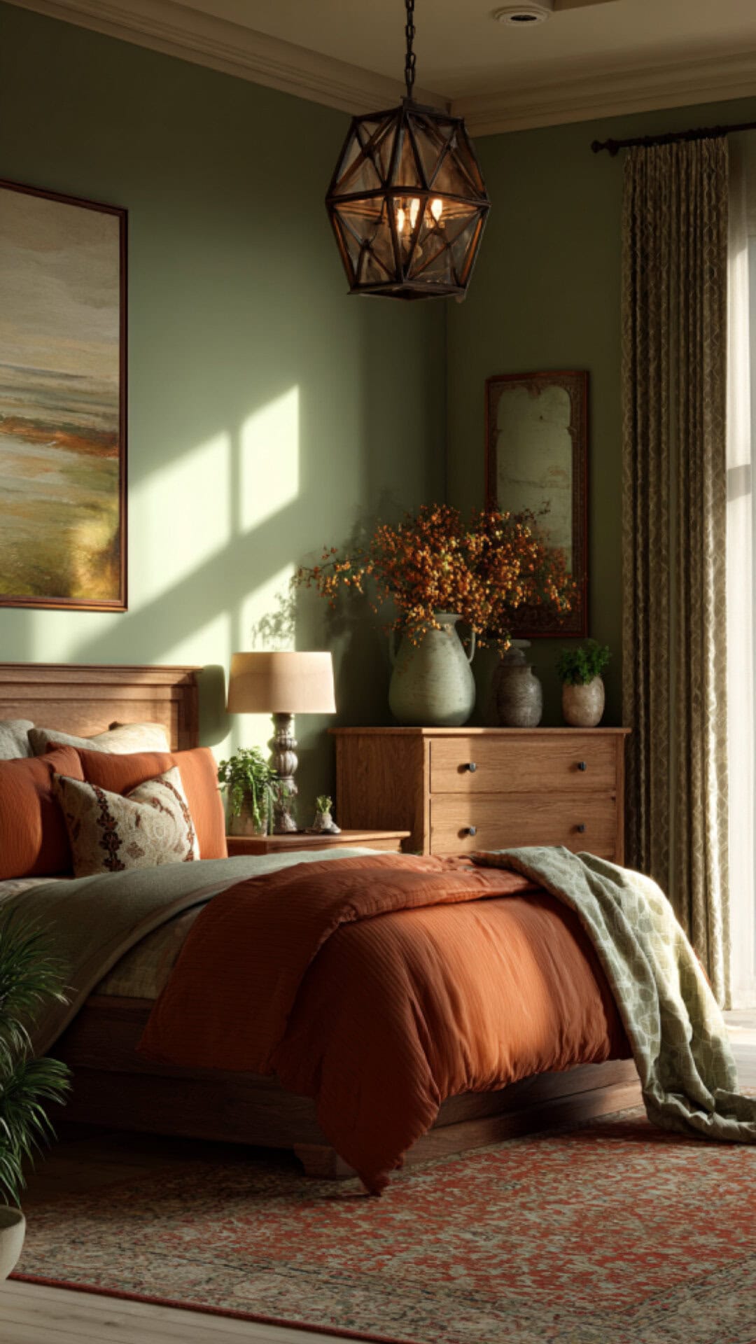 11. Green and Terracotta Bedroom with Warm Energy