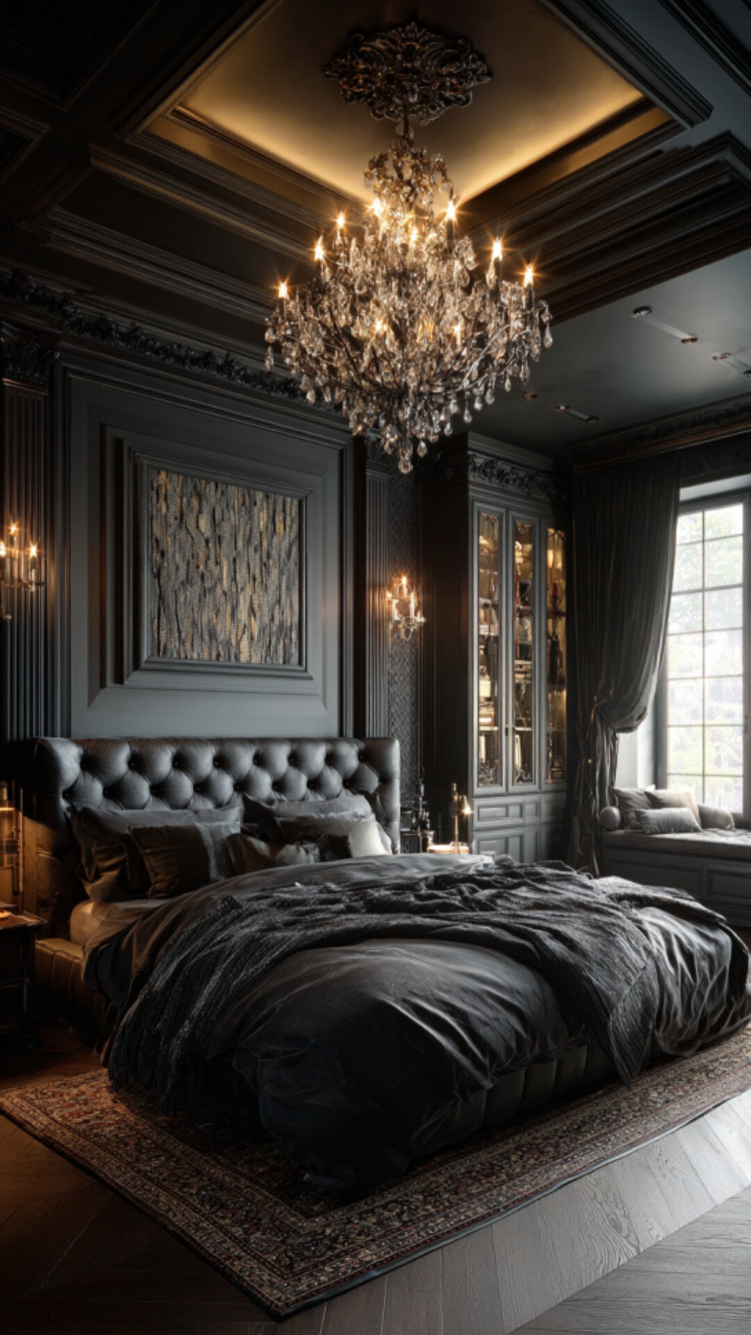 11. Black Luxury Master Bedroom with Dramatic Elegance