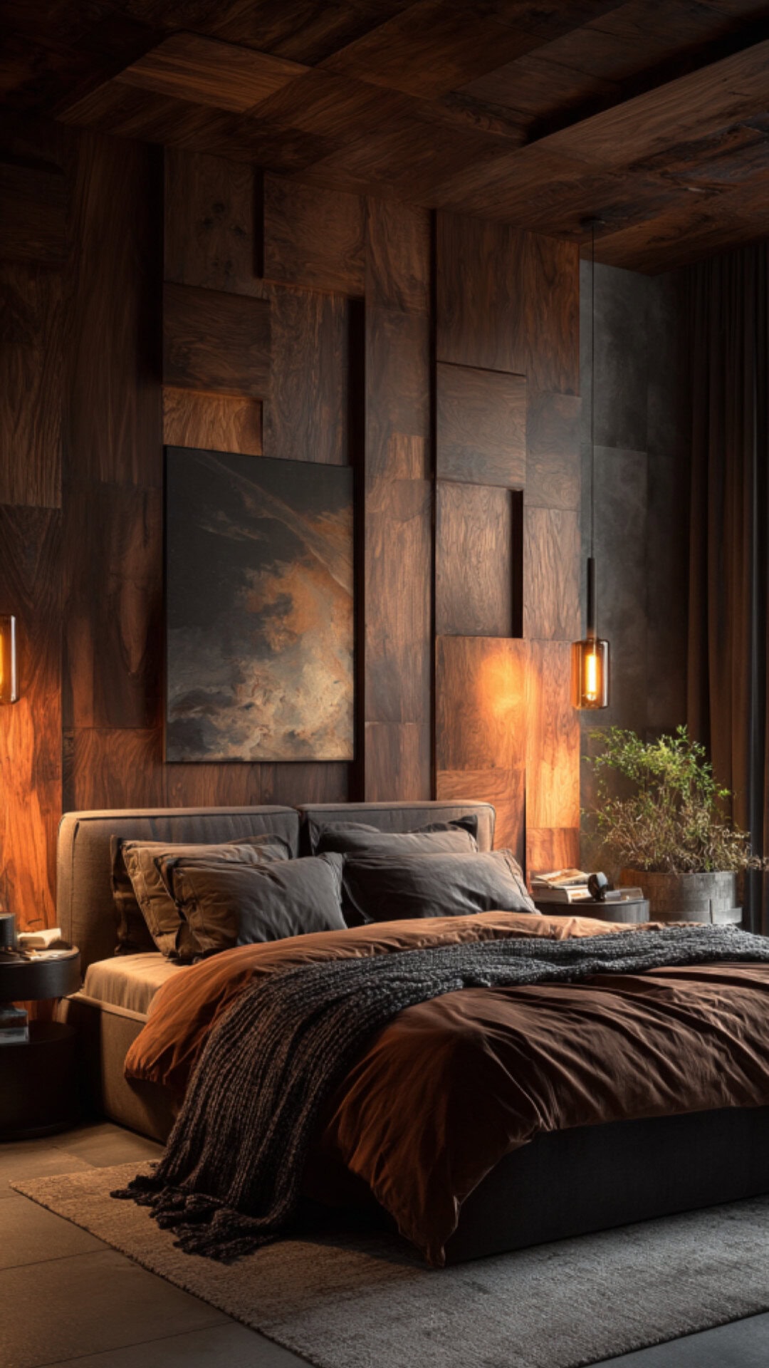 12. Brown Bedroom Accent Wall with Earthy Warmth