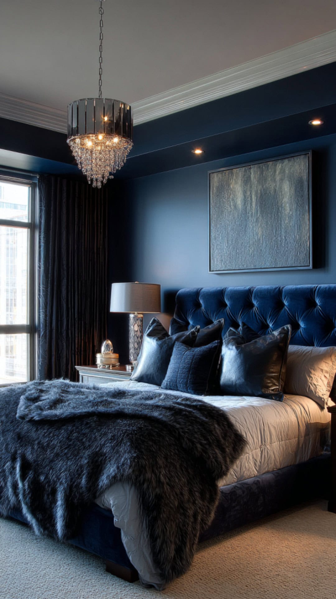 12. Midnight Blue Bedroom with Dramatic Depth