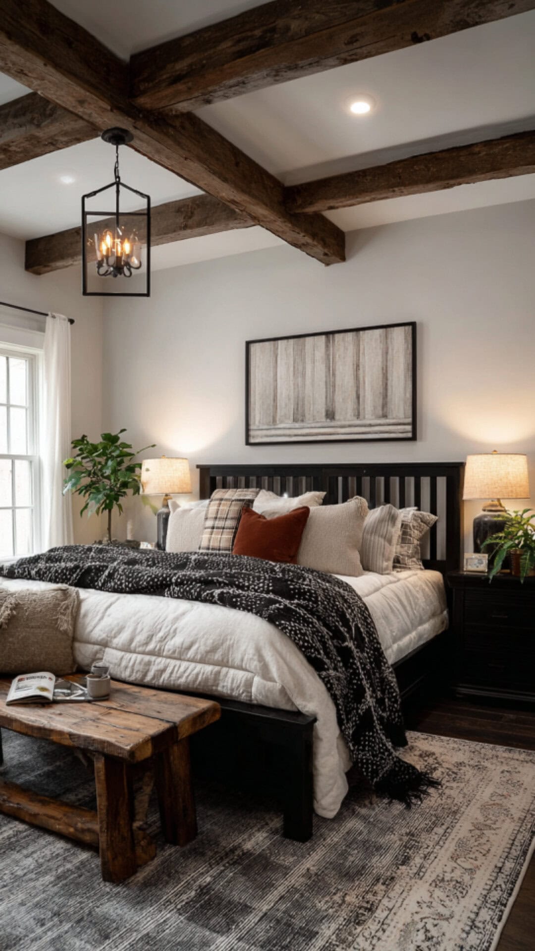 12. Farmhouse Black and White Bedroom with Rustic Charm