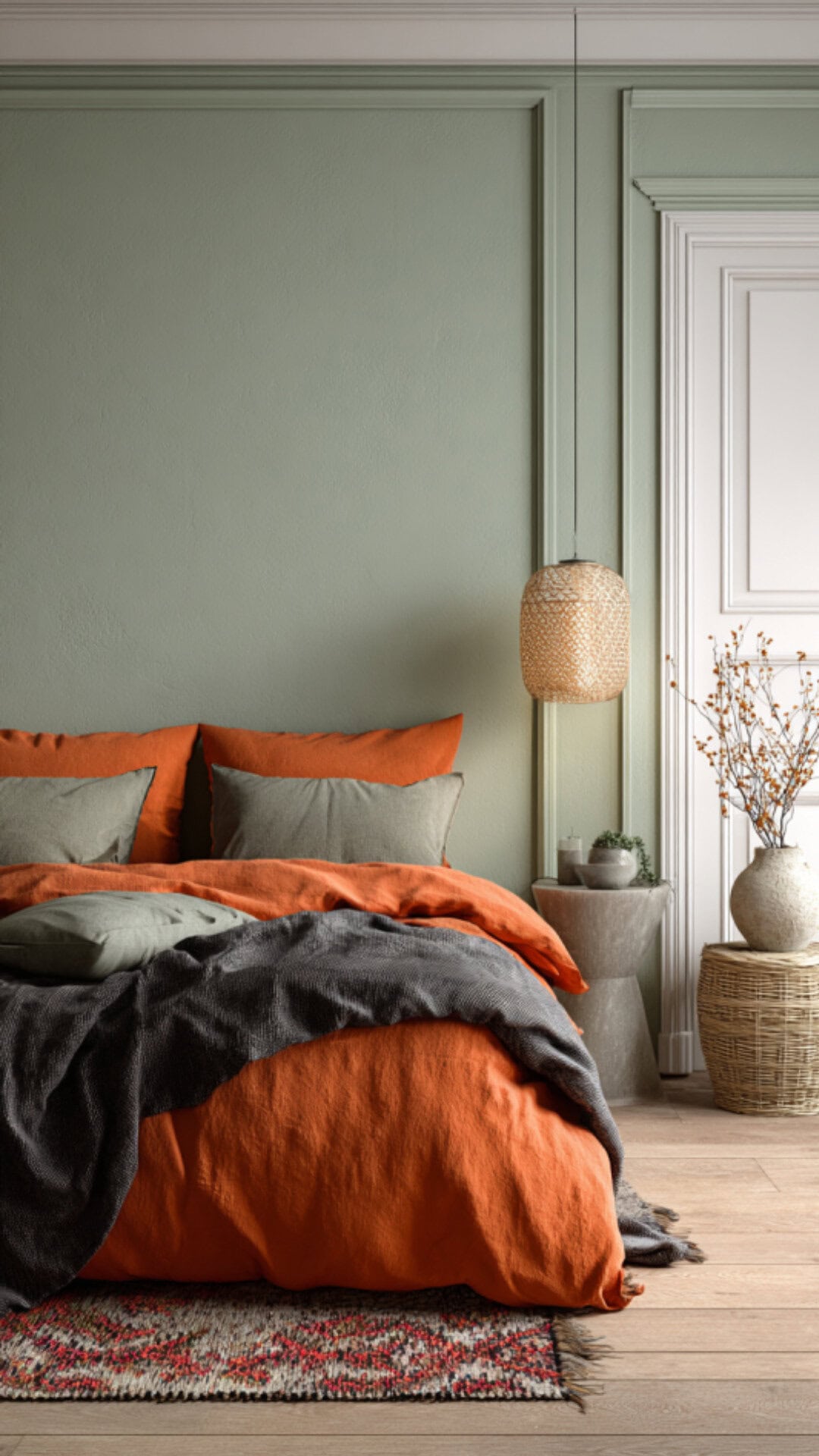 12. Orange and Sage Green Bedroom with Gentle Freshness
