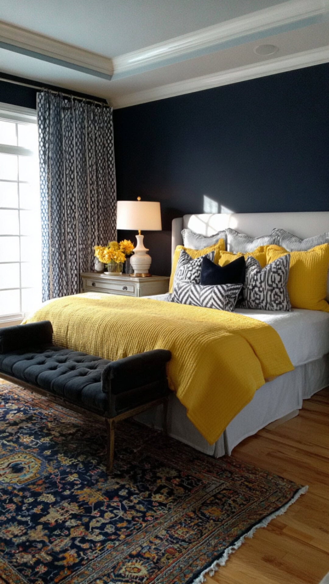 13. Navy Blue and Yellow Bedroom with Classic Balance
