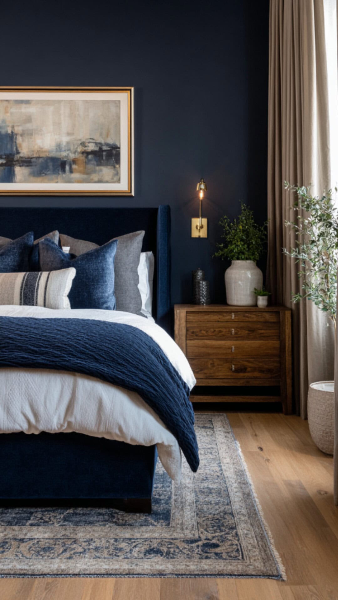 12. Brown and Navy Blue Bedroom with Rich Contrast
