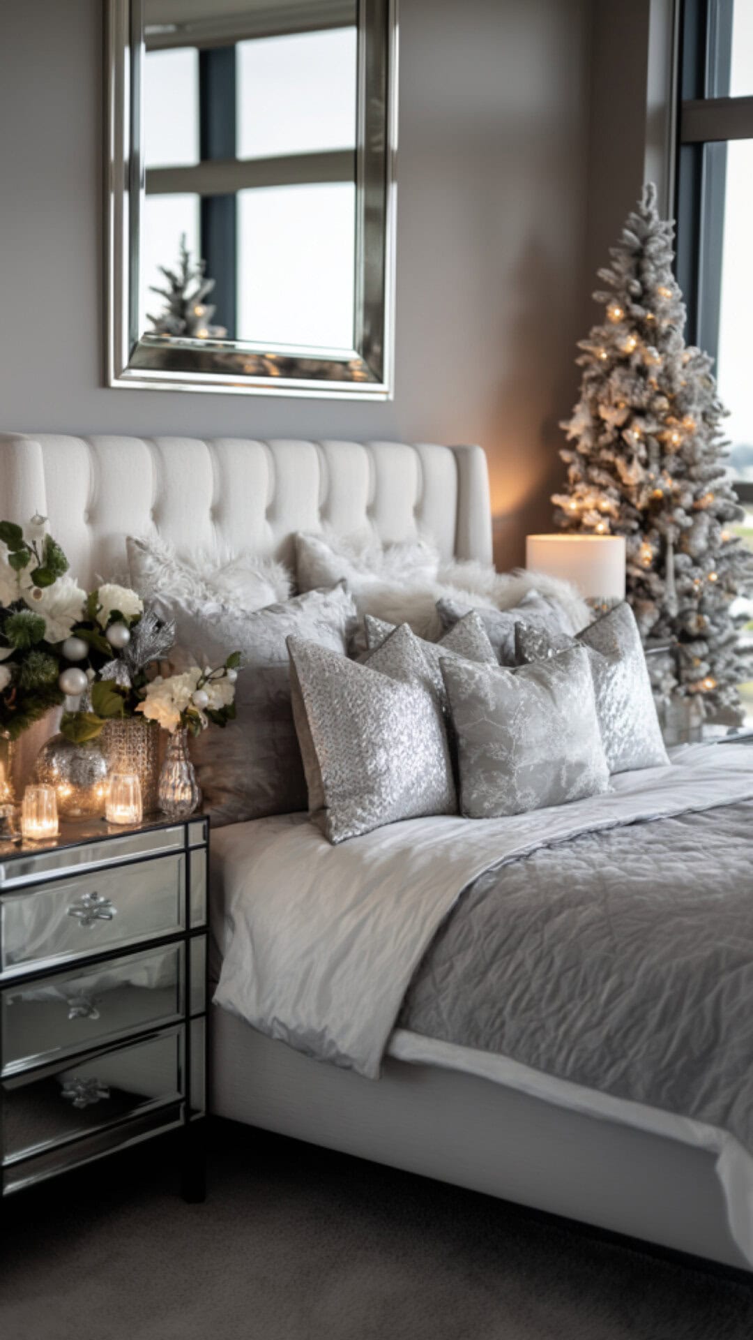 12. Grey Christmas Decor for the Bedroom