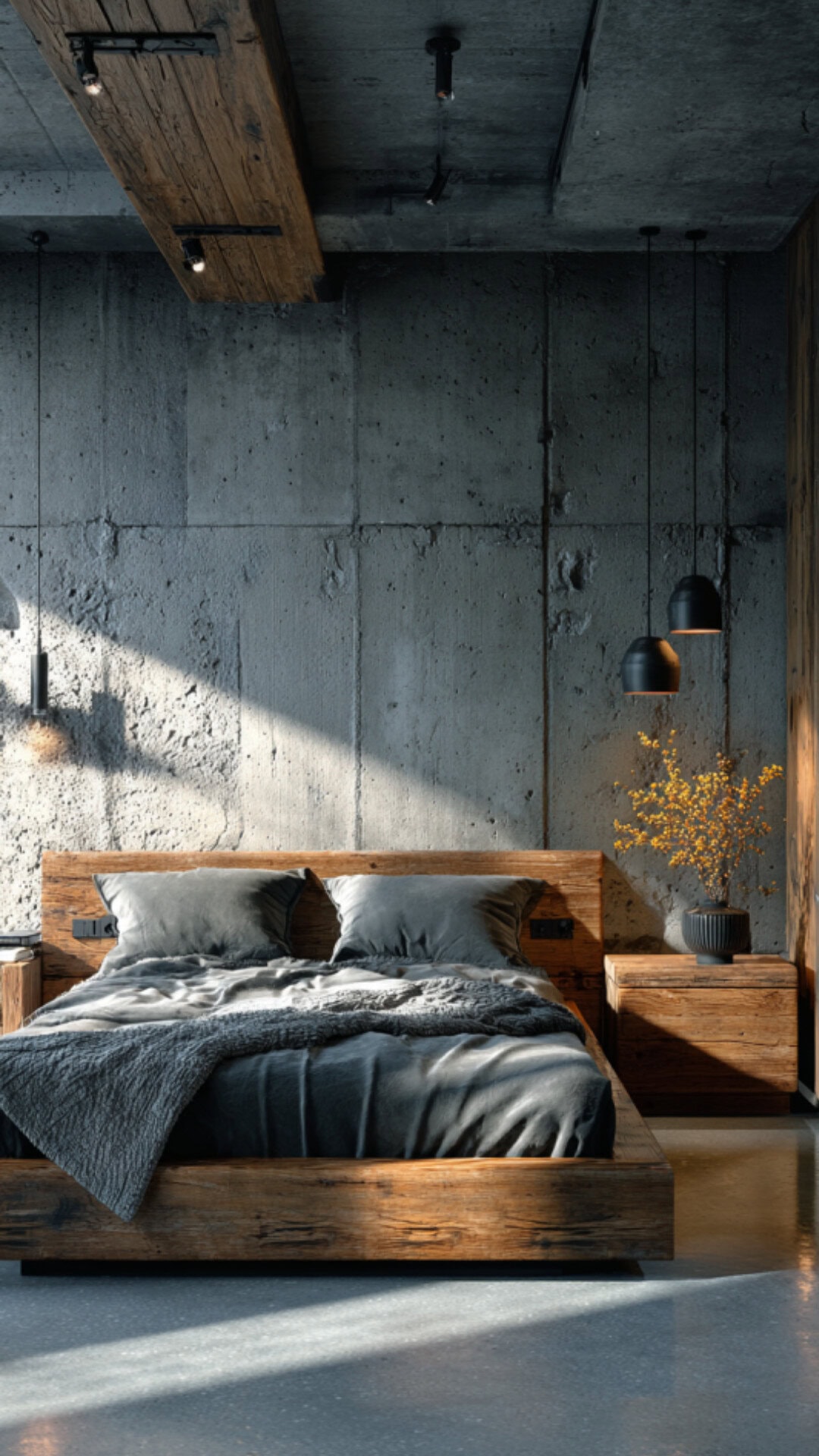 13. Industrial Japandi Bedroom with Raw Charm