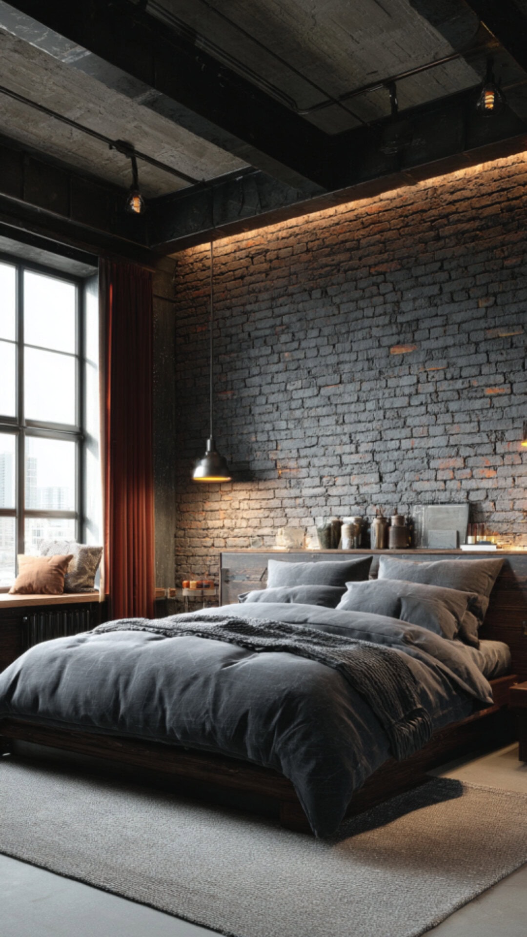 13. Brick Bedroom Accent Wall with Rustic Charm