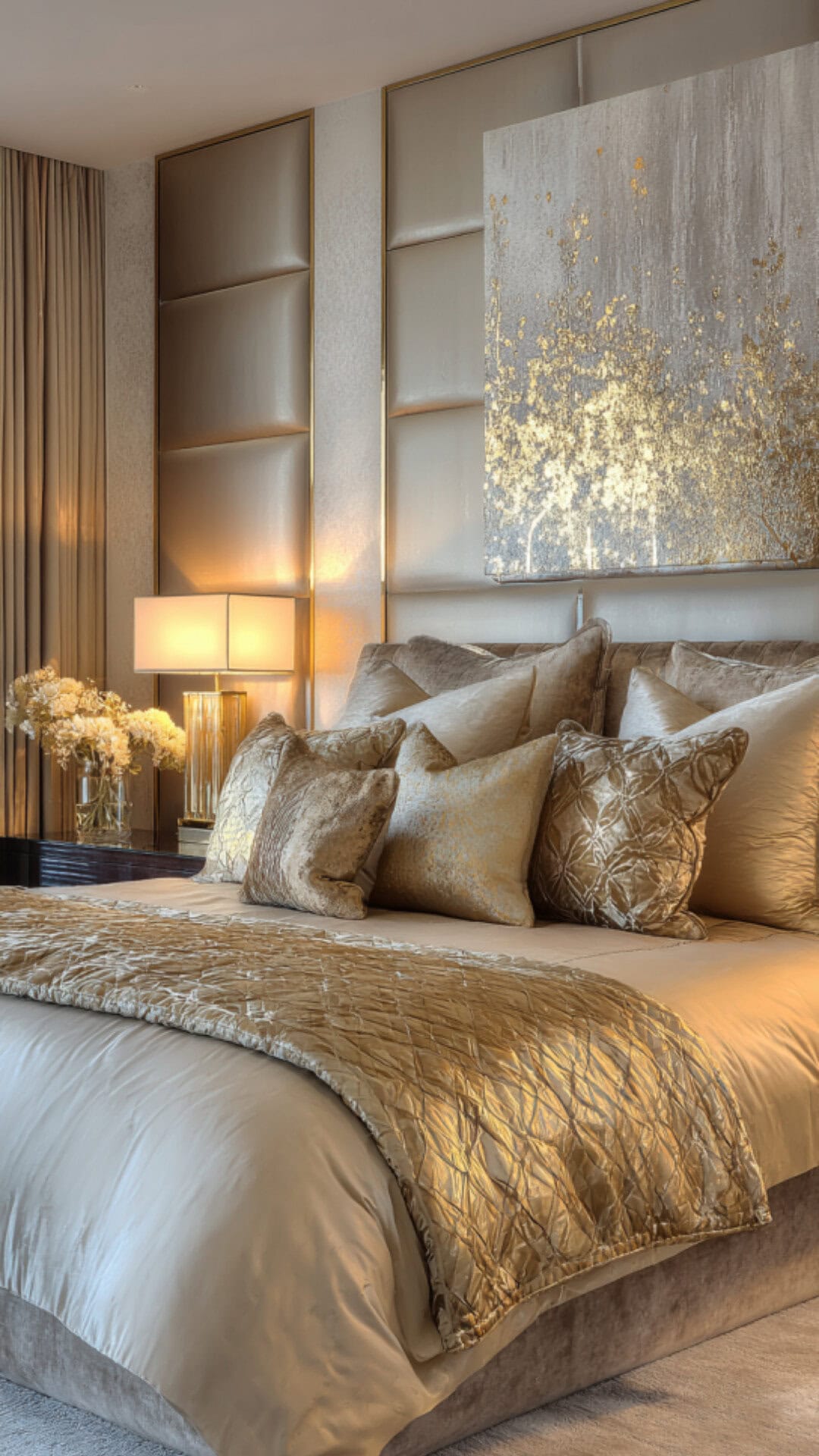 13. Beige and Gold Bedroom with Luxurious Accents