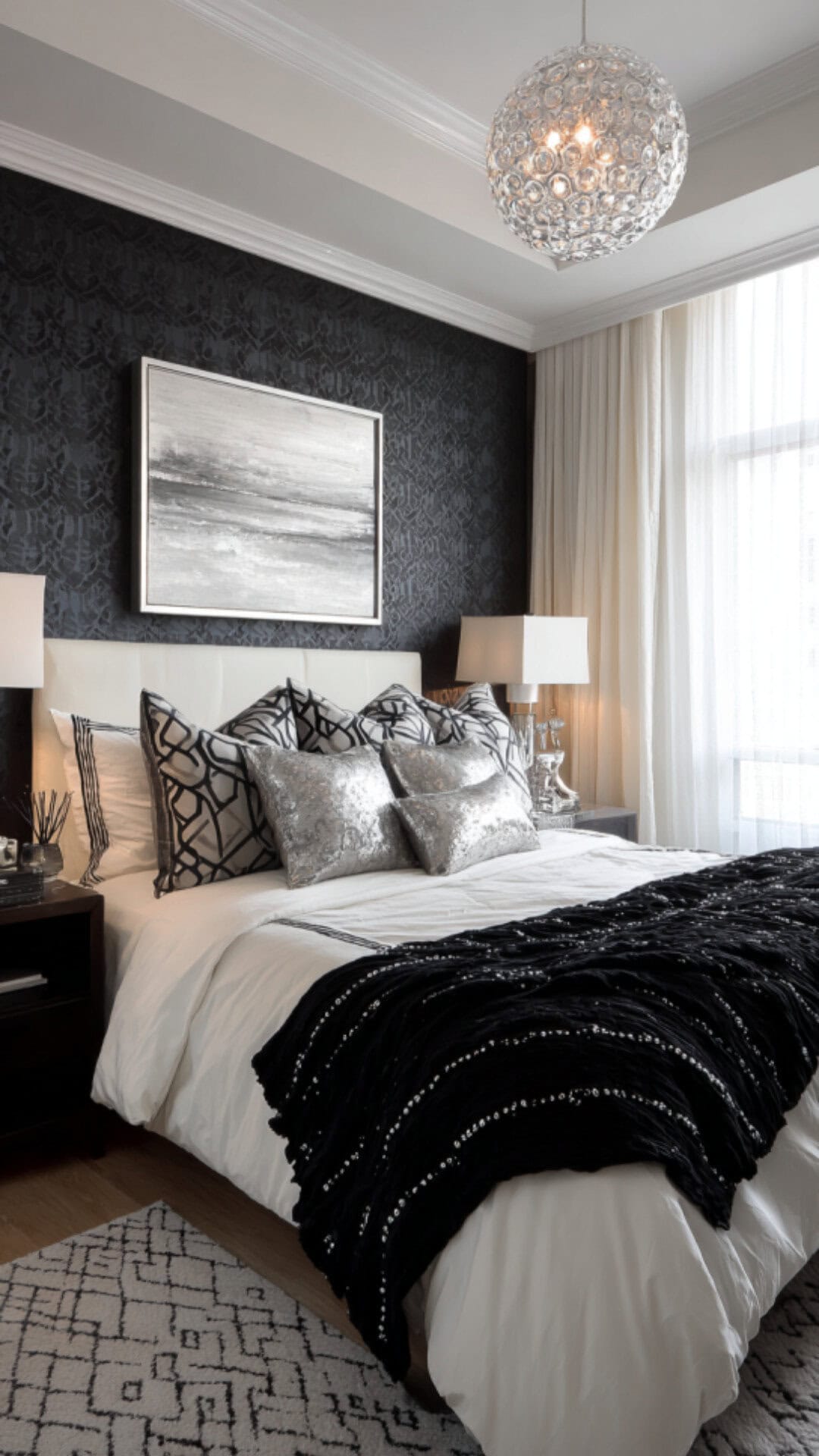 13. Black and White Bedroom with Silver Highlights