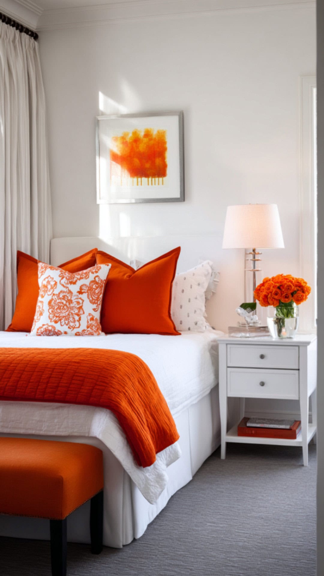 13. Orange and White Bedroom with Clean Contrast