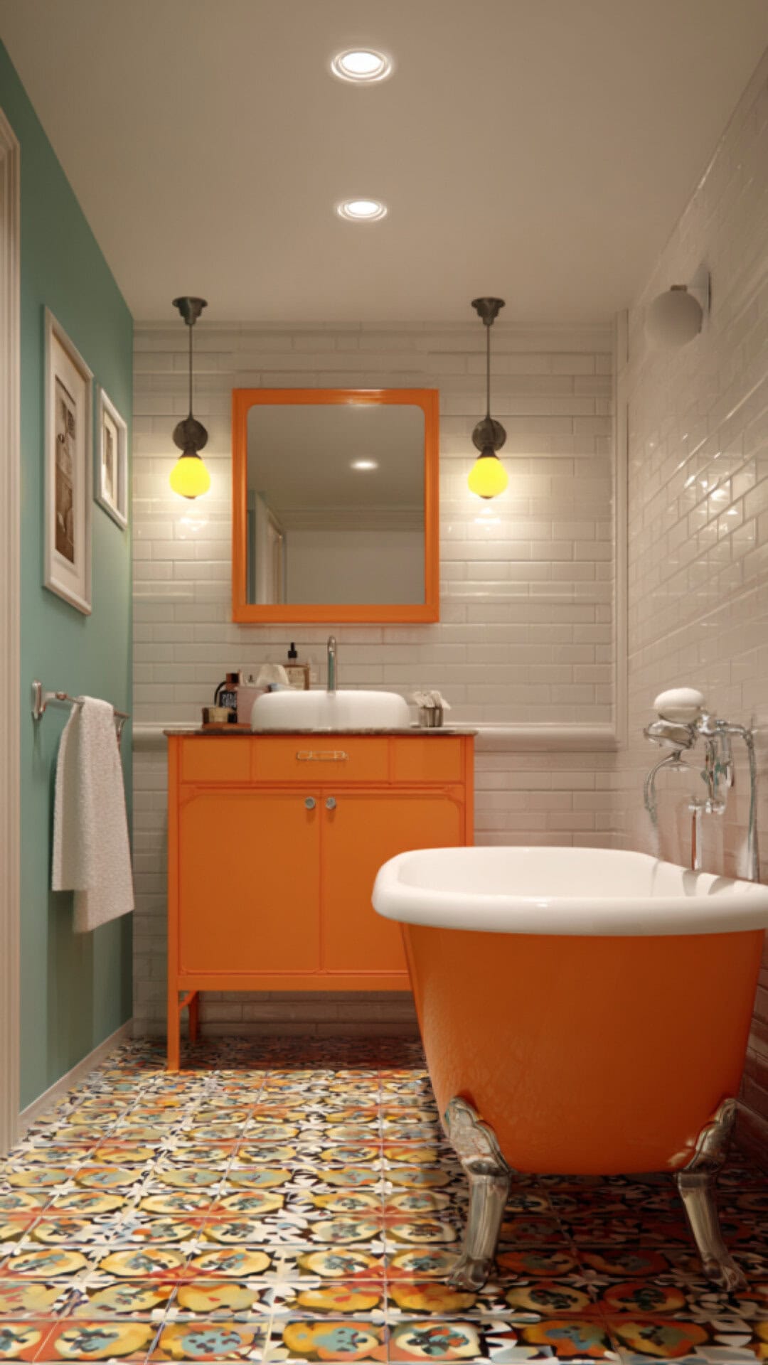 13. Orange Retro Bathroom with Playful Warmth