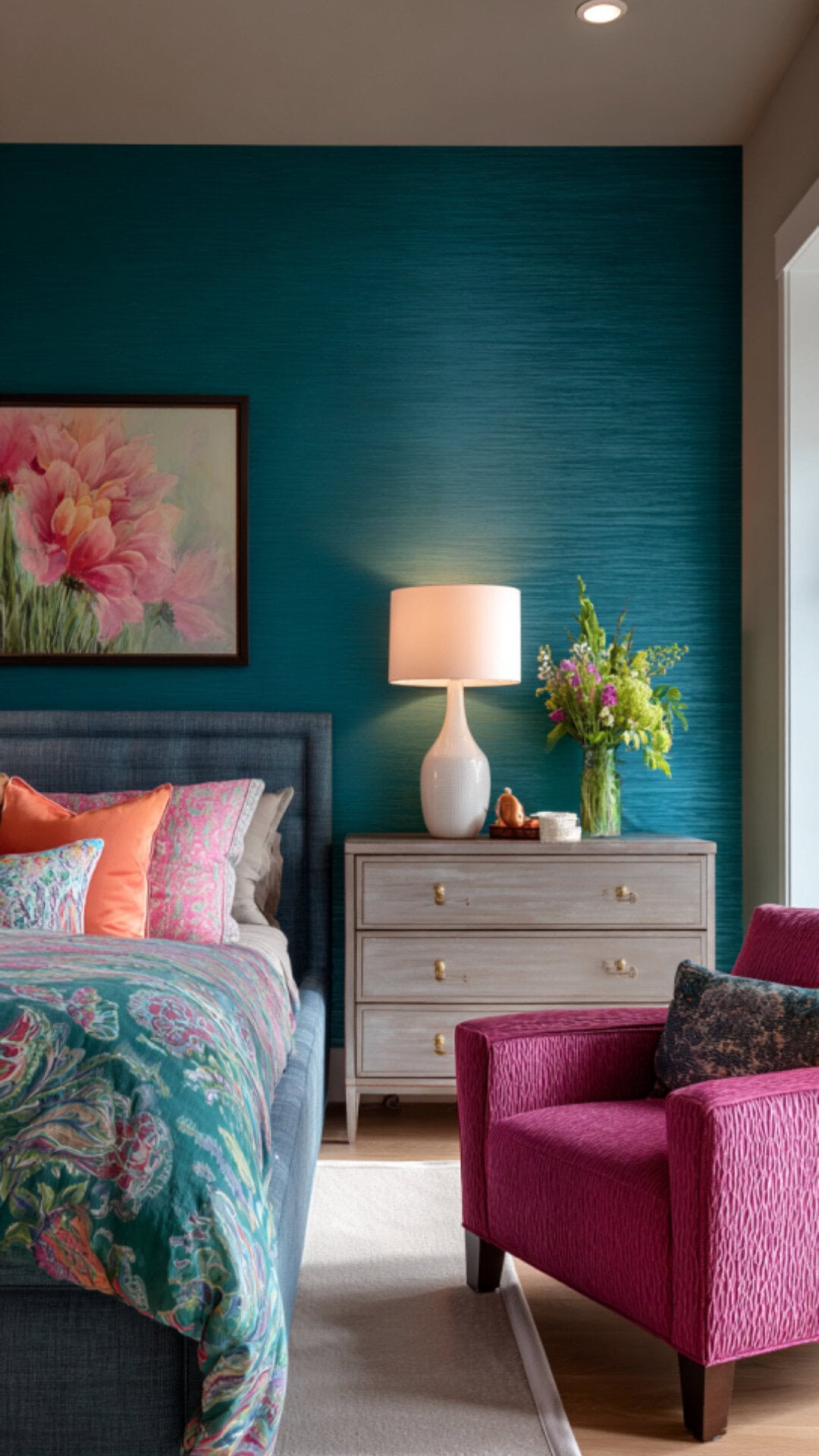 13. Teal and Pink Bedroom with Vibrant Energy